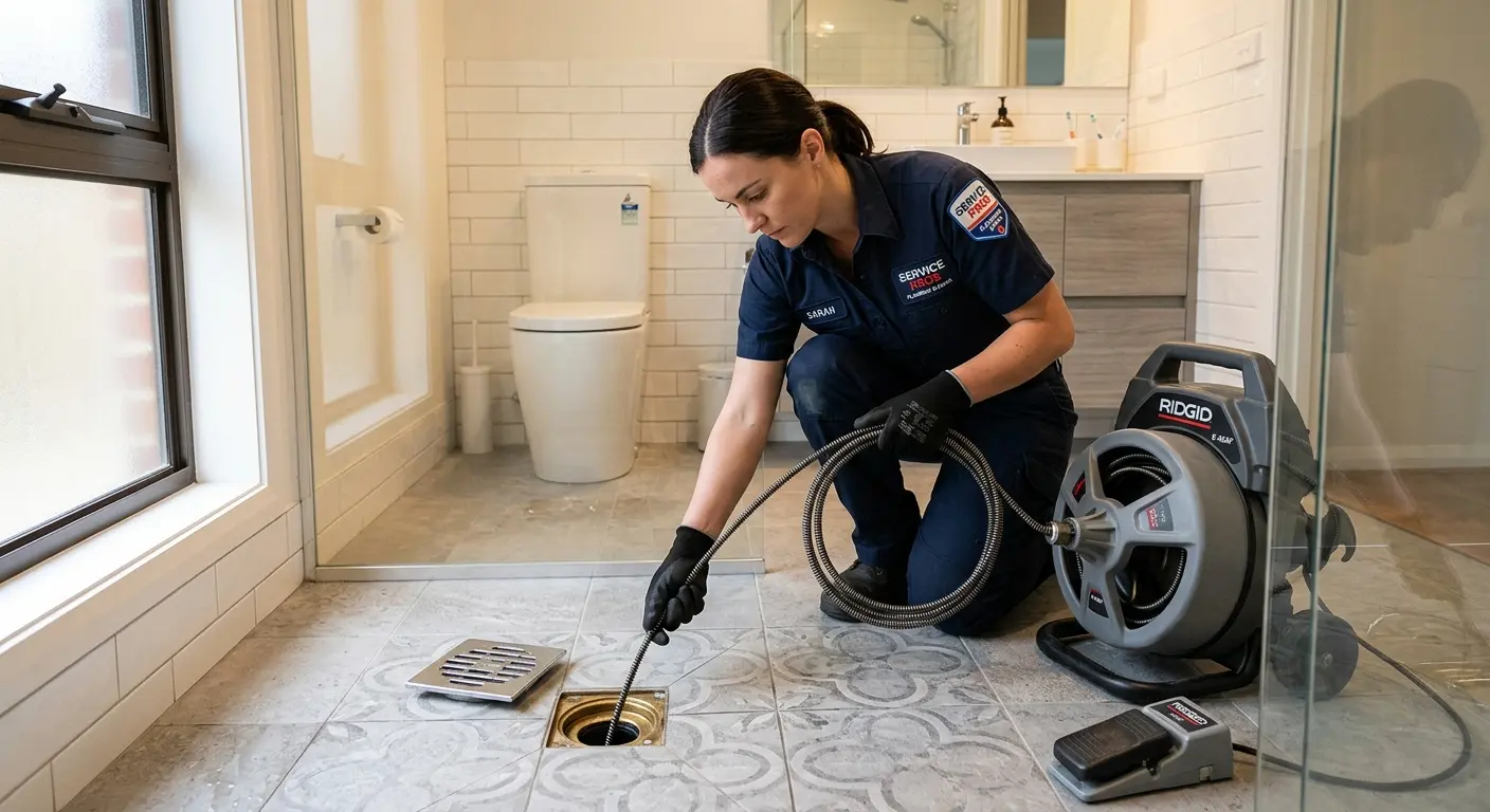 Technician clearing a bathroom floor drain for Sewer Line Installation in Pine